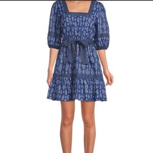 A Loves A Blue Mixed Print 3/4 Sleeve Square Neck Belted Tiered Hem Dress